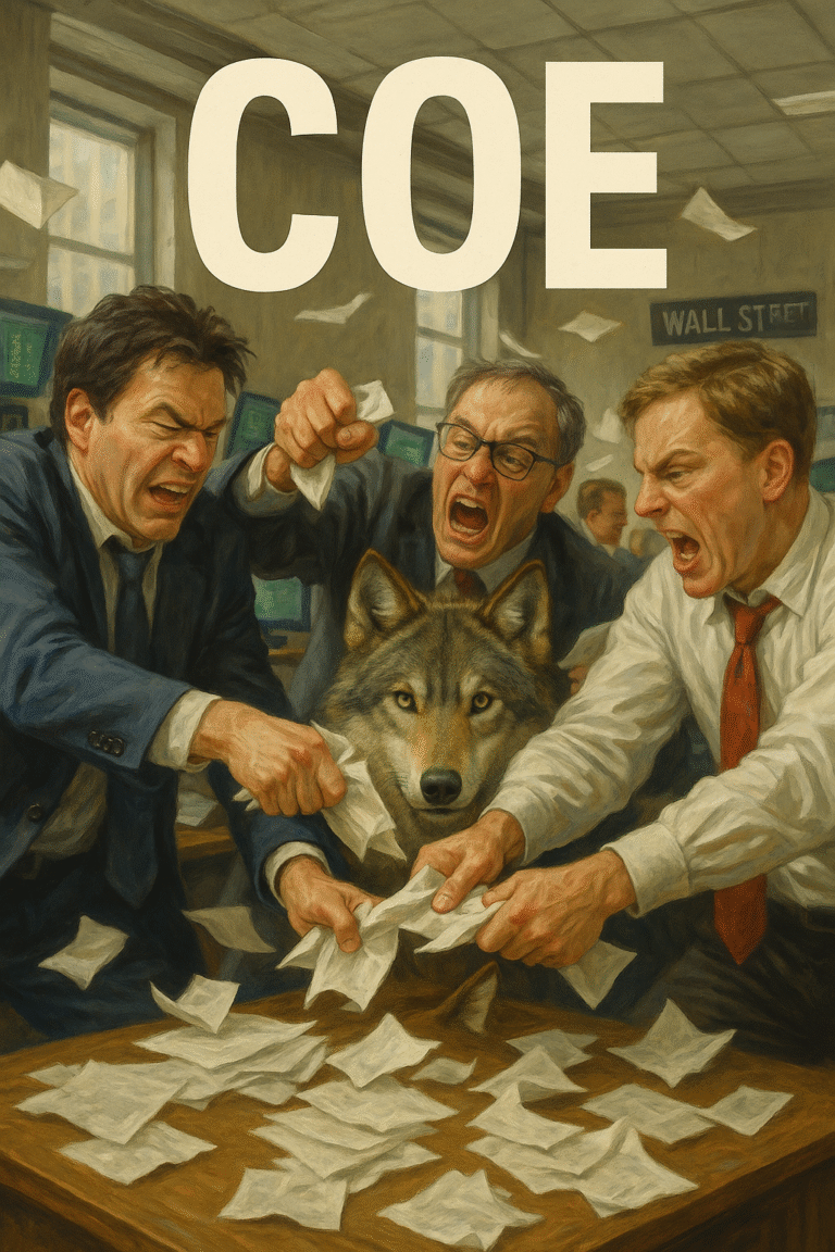 Ilustração de assessores financeiros brigando em uma mesa repleta de papéis, com um lobo ao centro simbolizando a ganância no mercado financeiro — metáfora visual dos COEs vendidos pela XP e Ambipar e das práticas predatórias de venda.