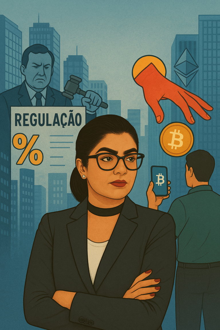 Ilustração de uma advogada analisando a nova regulação de criptoativos no Brasil, com símbolos de Bitcoin, Ethereum, um investidor usando celular e a mão do Estado tentando alcançar moedas digitais, representando controle e fiscalização.